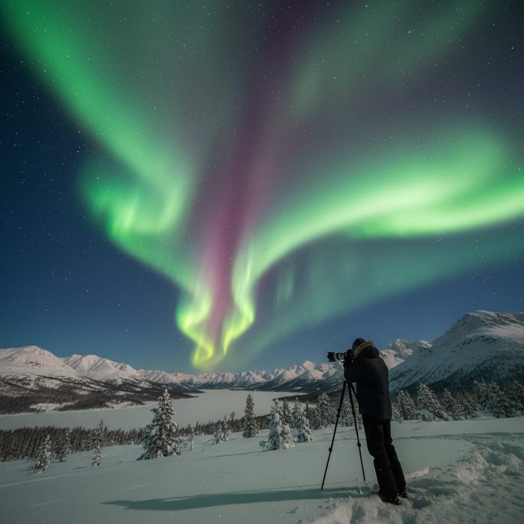 Northern lights aurora borealis over an Arctic landscape near Tromsø, Norway