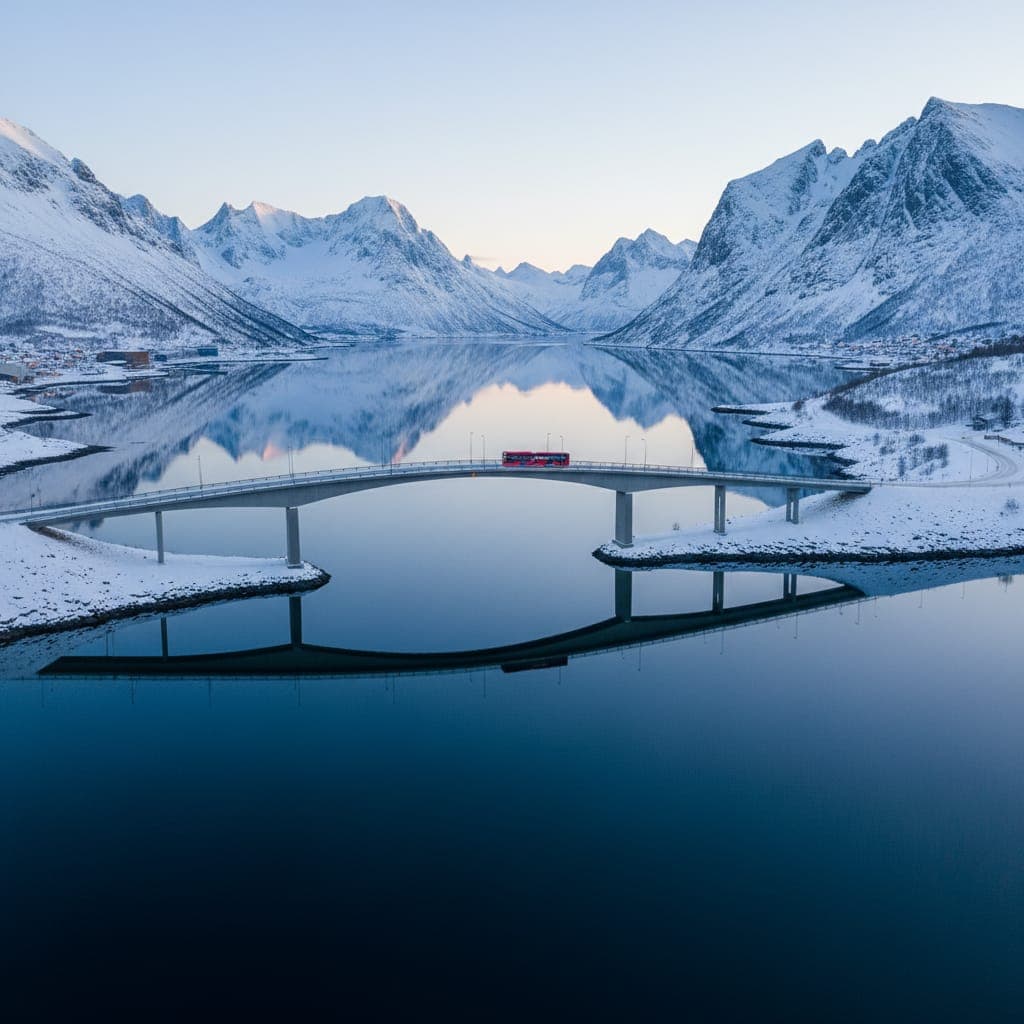 Public bus crossing Tromsø Bridge in winter with snow-capped mountains behind
