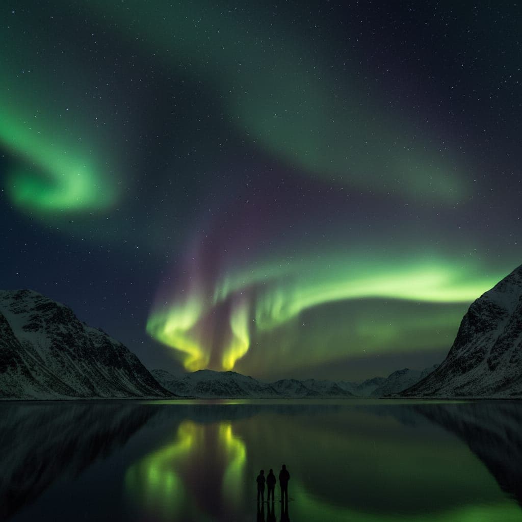 Northern lights aurora borealis over an Arctic fjord near Tromsø, Norway
